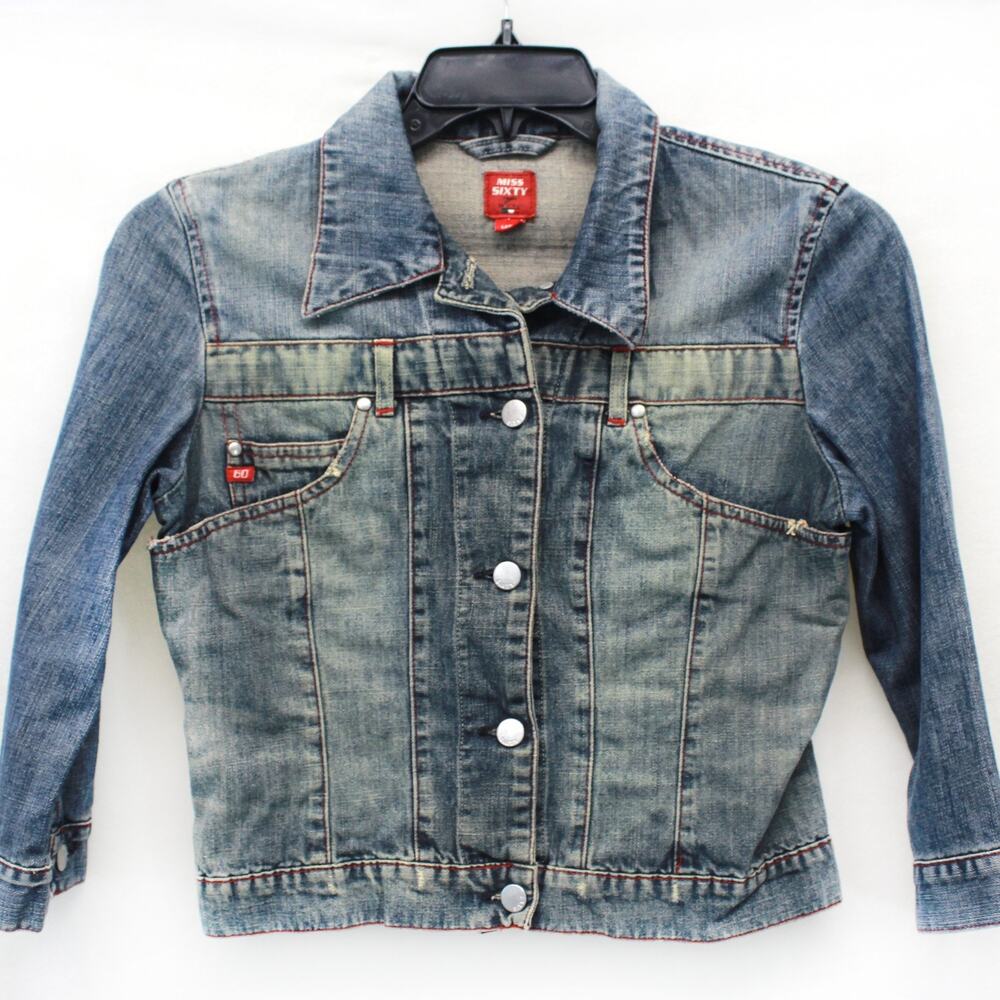 Miss Sixty Girls Italy Vtg 90's Denim Jacket Y2K Distressed Cropped Large 12Y